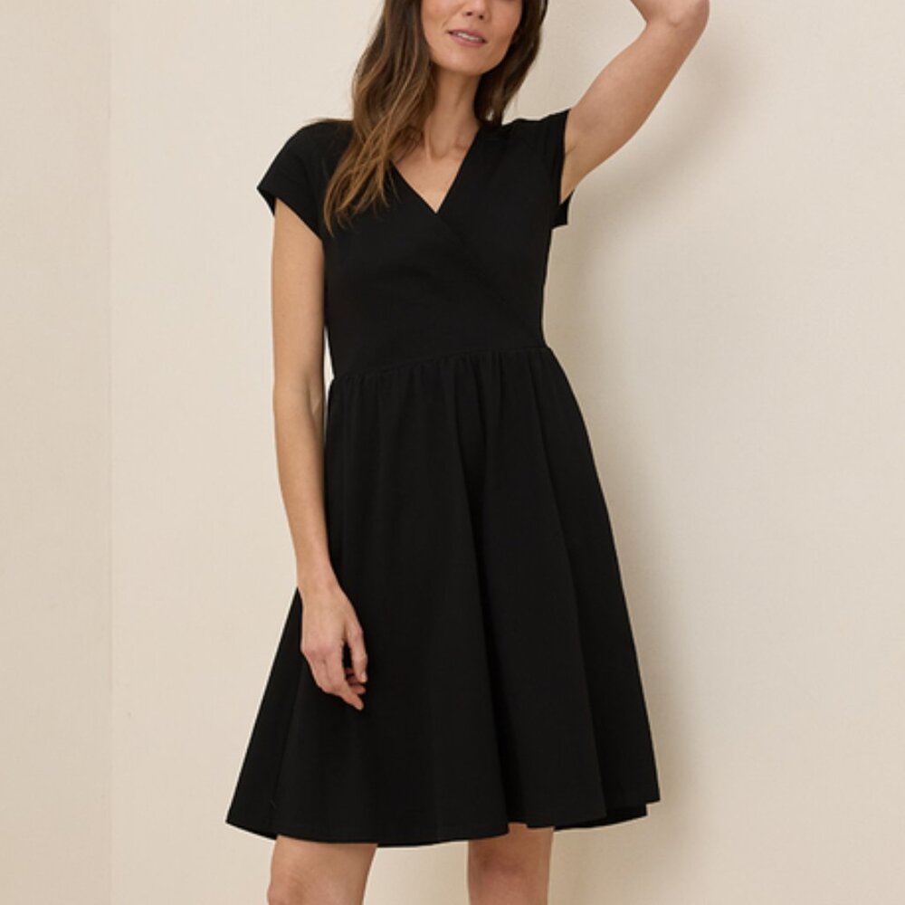 NWOT Pact Fit & Flare Crossover Dress Knit Black Cotton Pockets Knee XXL
